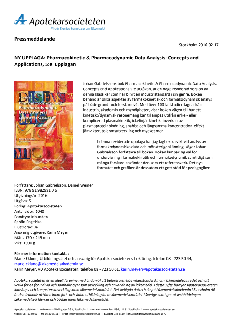 NY UPPLAGA: Pharmacokinetic & Pharmacodynamic Data Analysis: Concepts and Applications, 5:e  upplagan