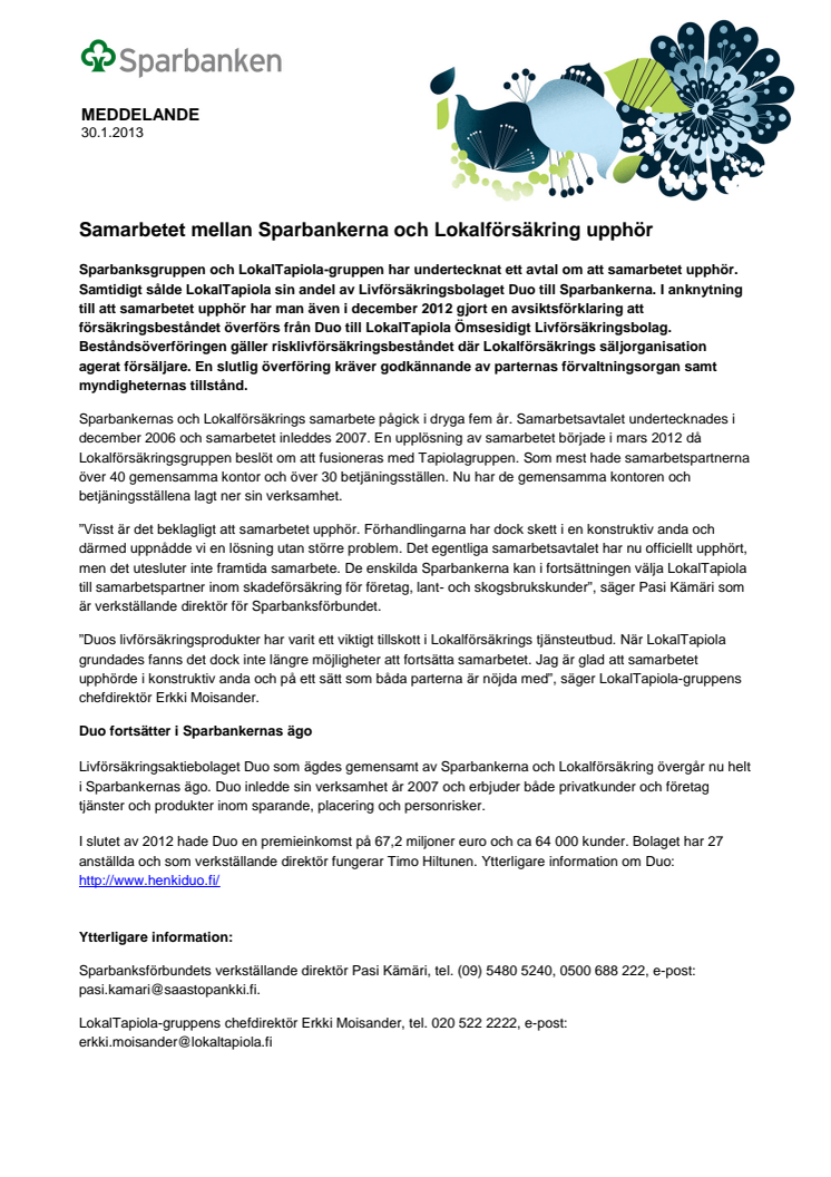 Samarbetet mellan Sparbankerna och Lokalförsäkring upphör