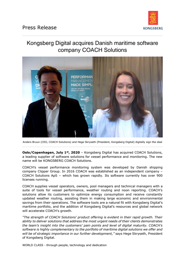 Kongsberg Digital acquires Danish maritime software company COACH Solutions