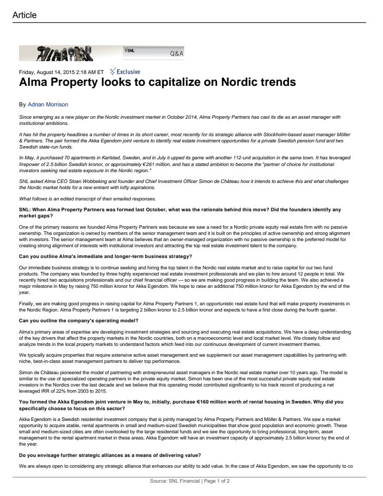 SNL: Alma Property looks to capitalize on Nordic trends