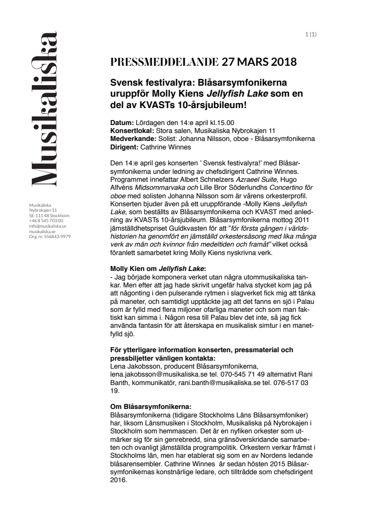 Blåsarsymfonikerna uruppför Molly Kiens Jellyfish Lake som en del av Kvasts 10-årsjubileum!