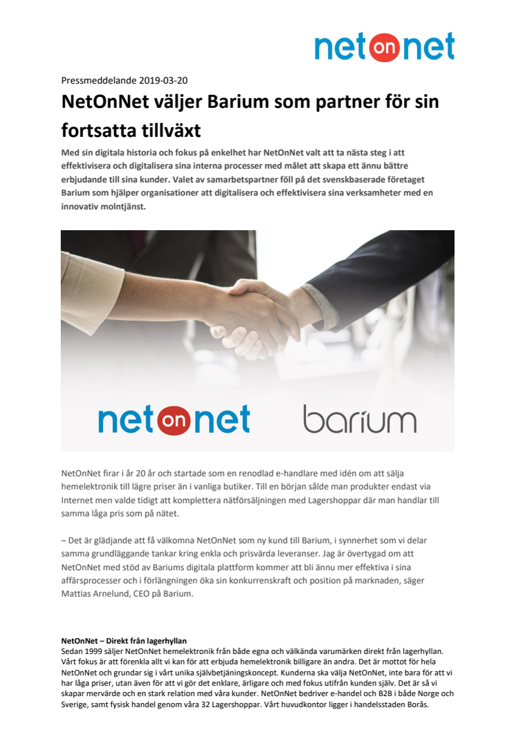 NetOnNet väljer Barium som partner för sin fortsatta tillväxt