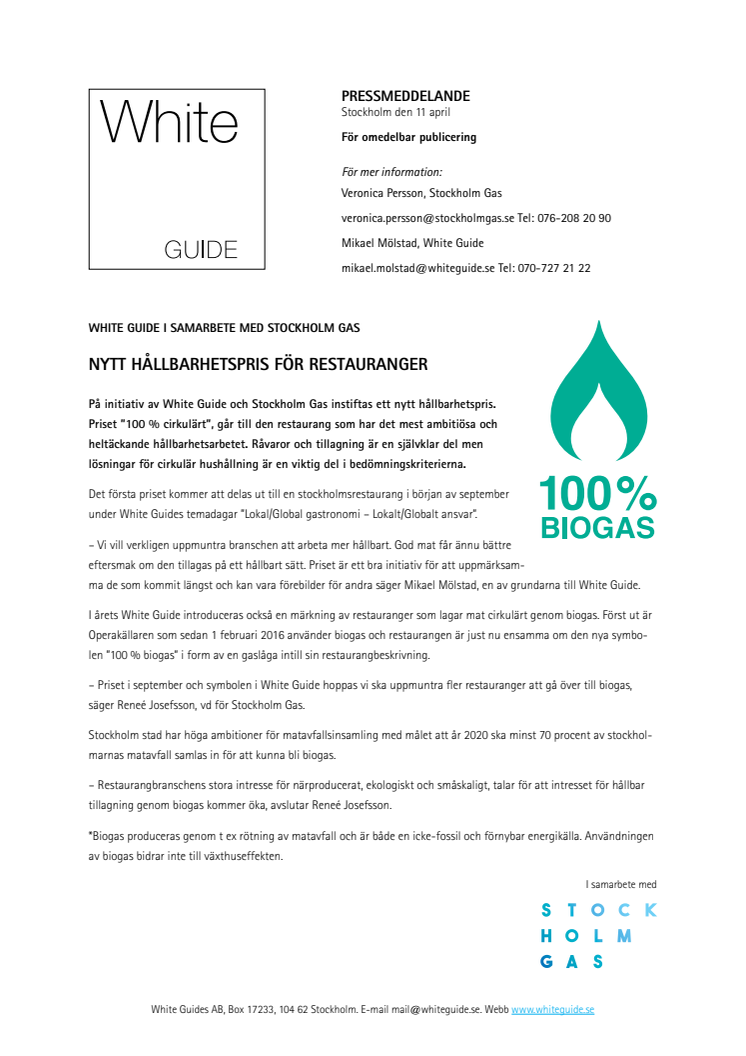 Nytt hållbarhetspris för restauranger i samarbete med Stockholm Gas