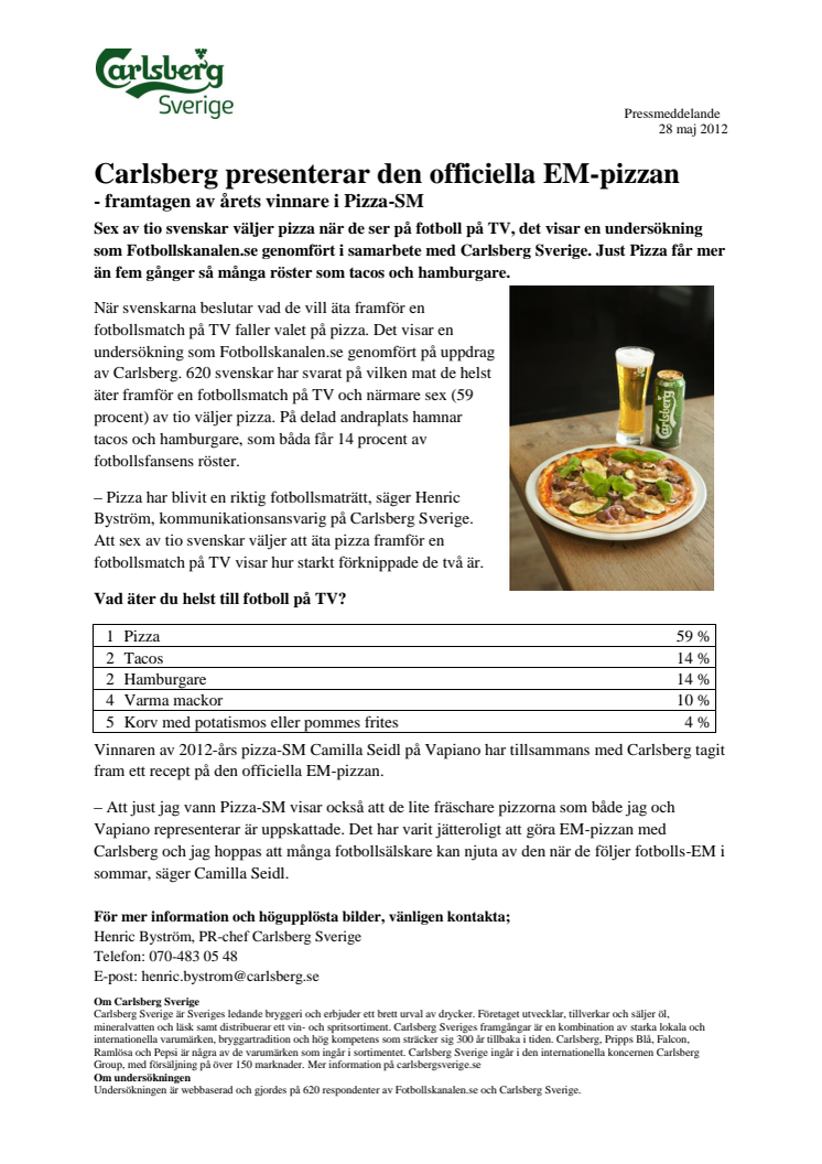Carlsberg presenterar den officiella EM-pizzan - framtagen av årets vinnare i Pizza-SM