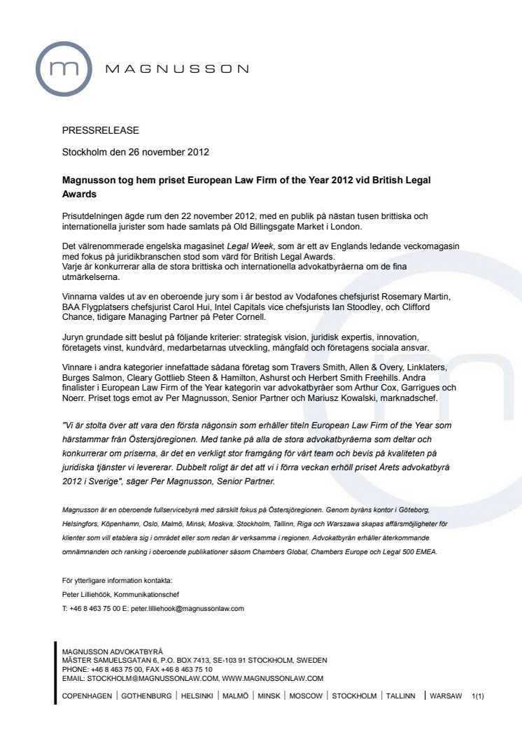 Magnusson tog hem priset European Law Firm of the Year 2012 vid British Legal Awards  