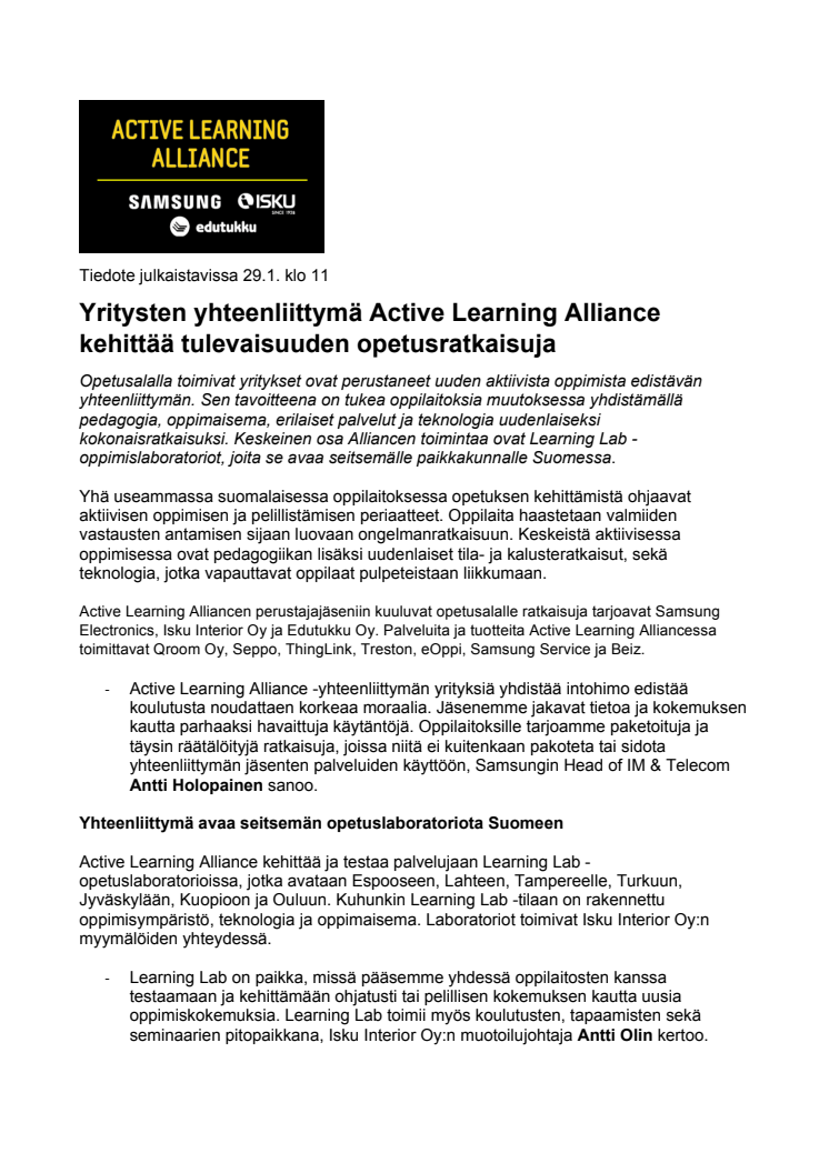 ​Yritysten yhteenliittymä Active Learning Alliance kehittää tulevaisuuden opetusratkaisuja