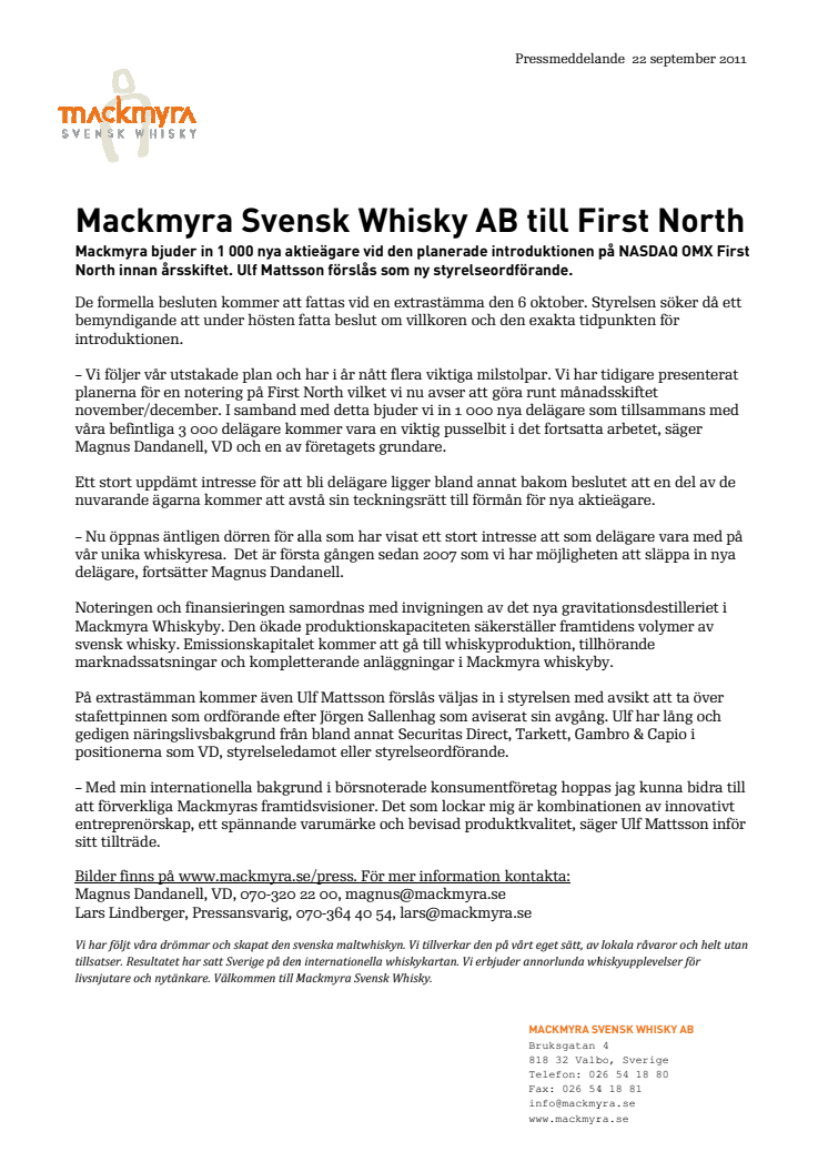 Mackmyra Svensk Whisky AB till First North