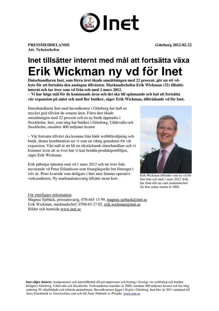 Inet tillsätter internt med mål att fortsätta växa – Erik Wickman ny vd för Inet    
