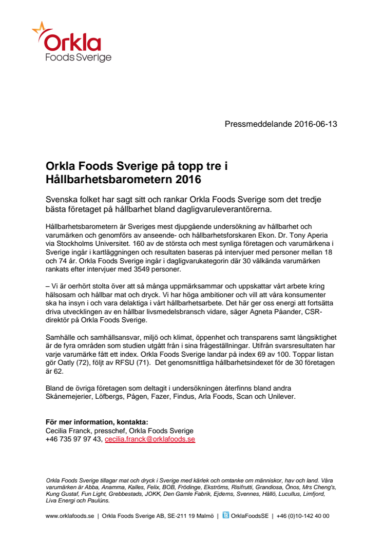 Orkla Foods Sverige på topp tre i Hållbarhetsbarometern 2016