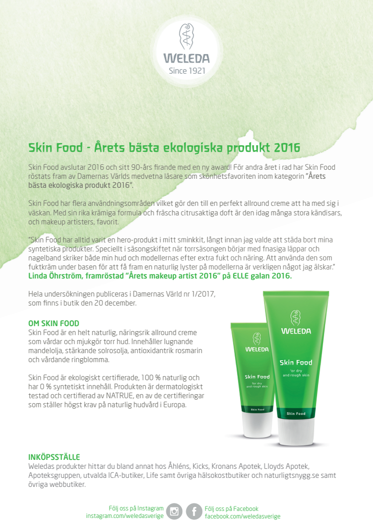 Skin Food - Årets bästa ekologiska produkt 2016