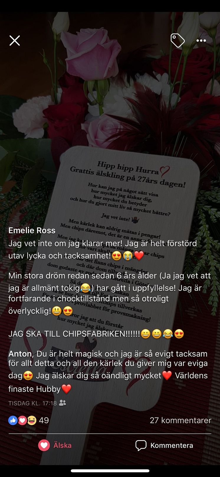 Emelie skriver om överraskningen på Facebook.