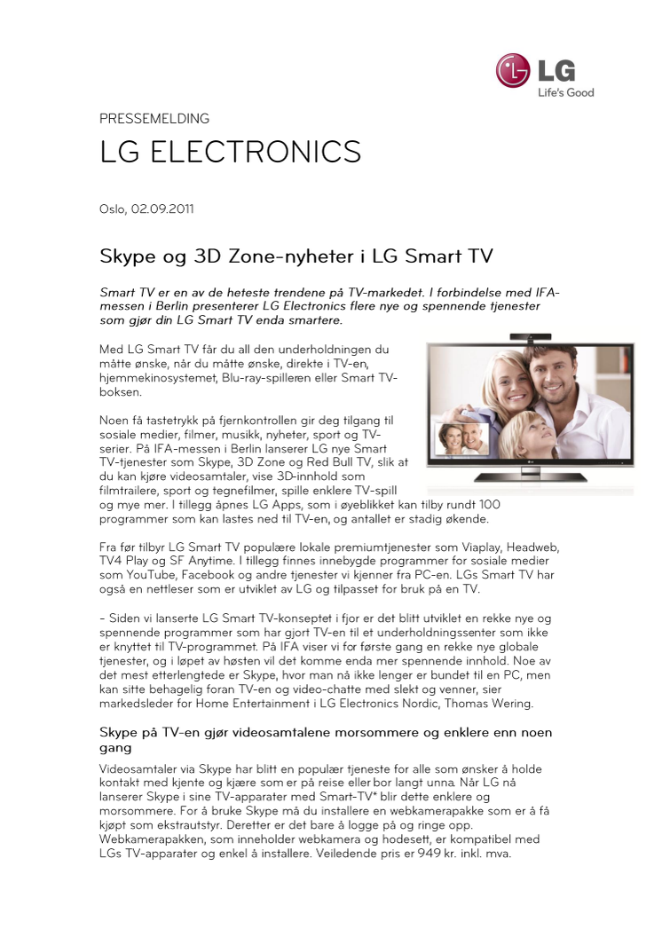 Skype og 3D Zone-nyheter i LG Smart TV 