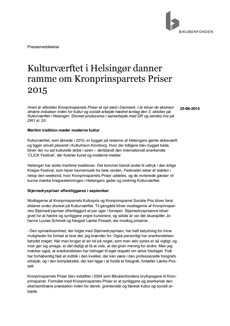 Kulturværftet i Helsingør danner ramme om Kronprinsparrets Priser 2015