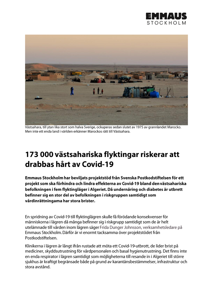 173 000 västsahariska flyktingar riskerar att drabbas hårt av Covid-19