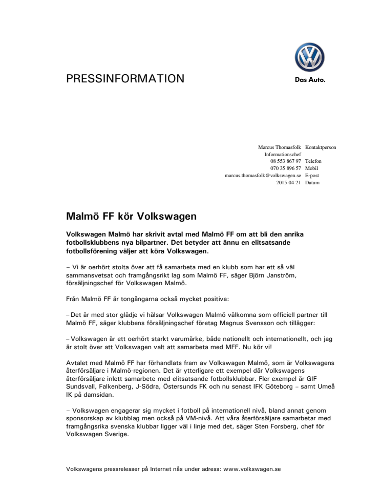Malmö FF kör Volkswagen