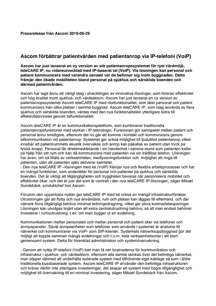 Ascom förbättrar patientvården med patientanrop via IP-telefoni (VoiP)