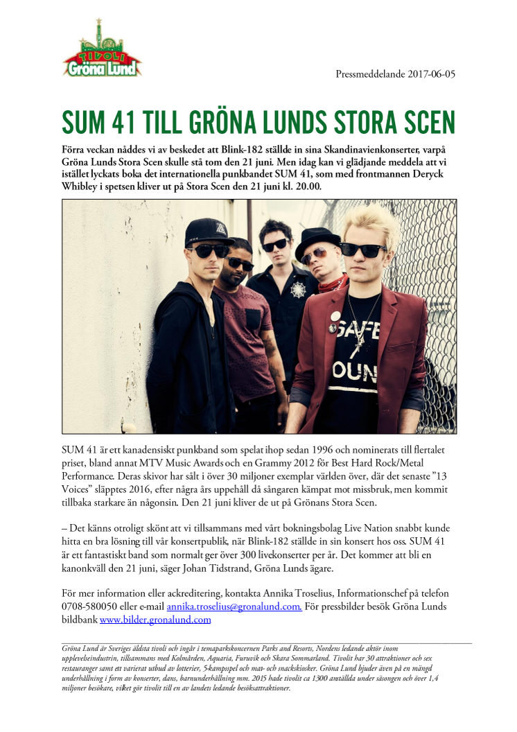 SUM 41 till Gröna Lunds Stora Scen