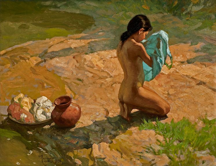 Fernando Amorsolo- Ung pige ved en flodbred. Sign. F. Amorsolo Manila 1935. Olie på lærred monteret på plade. 51 x 66..tif