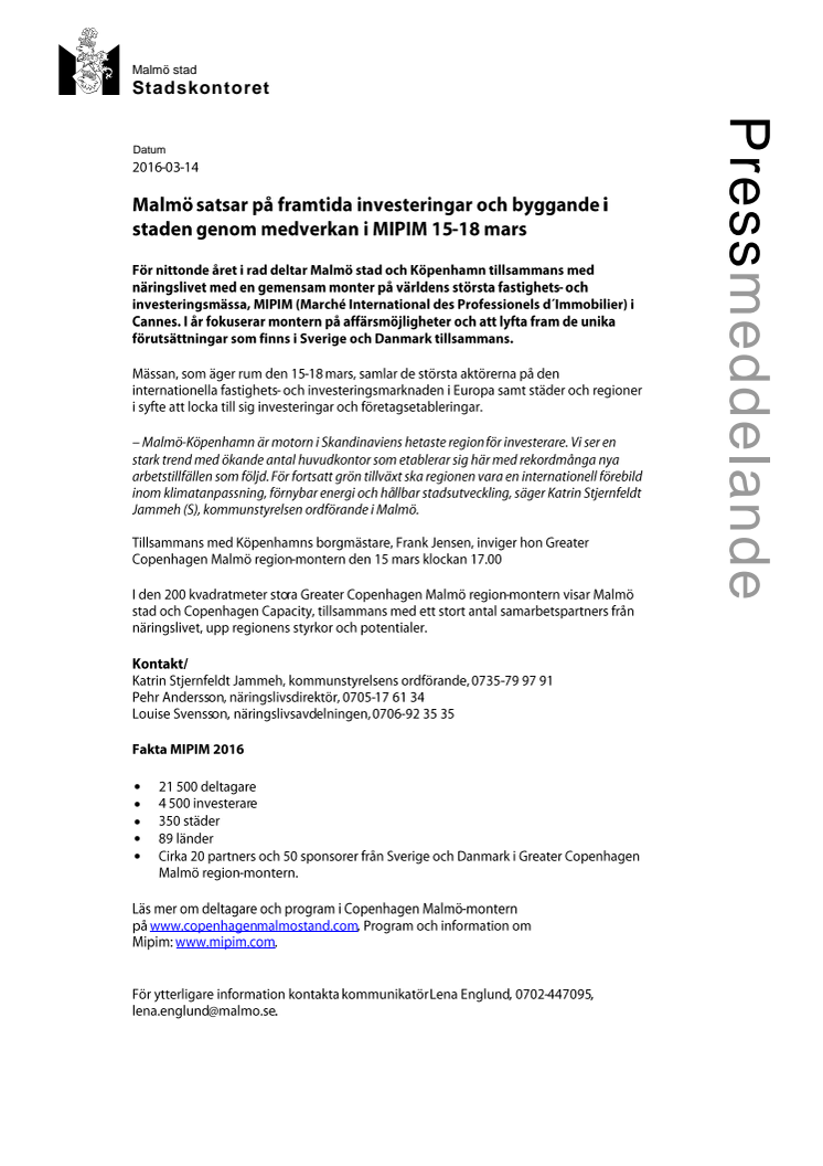 Malmö satsar på framtida investeringar och byggande i staden genom medverkan i MIPIM 15-18 mars