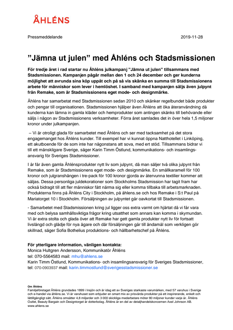 ”Jämna ut julen” med Åhléns och Stadsmissionen