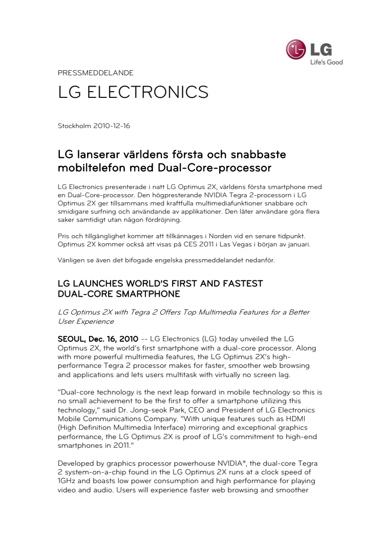 LG lanserar världens första och snabbaste mobiltelefon med Dual-Core-processor