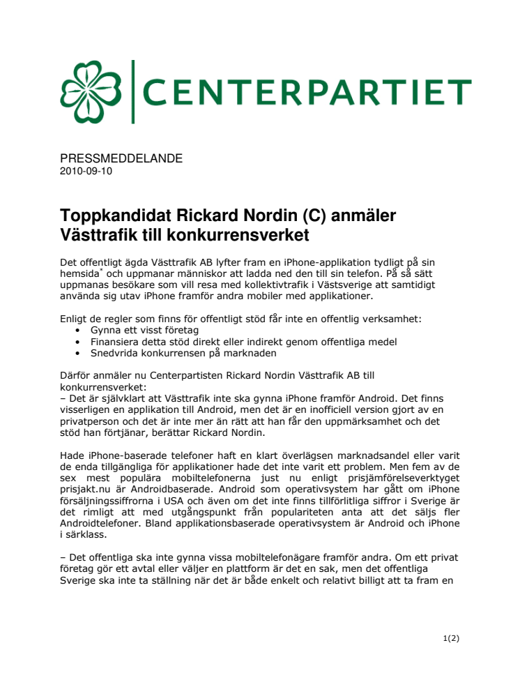 Rickard Nordin (C) anmäler Västtrafik till konkurrensverket