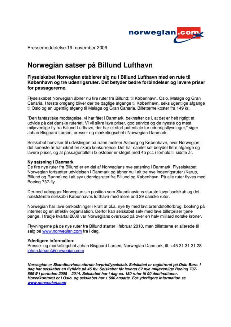 Norwegian satser på Billund Lufthavn