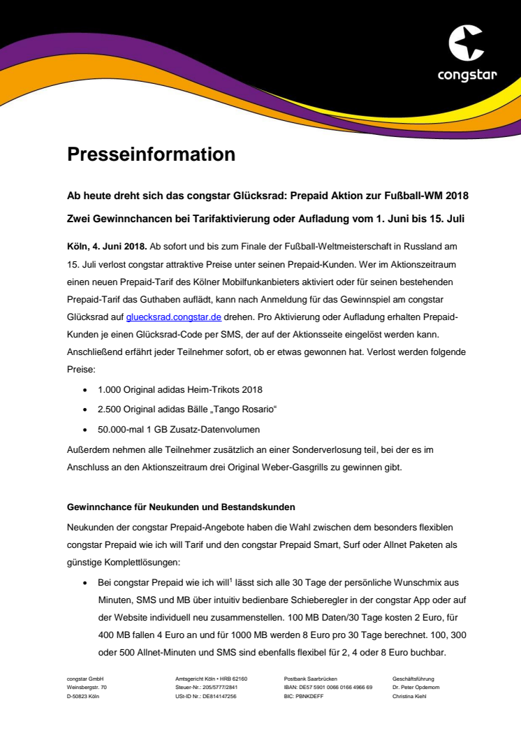 Ab heute dreht sich das congstar Glücksrad: Prepaid Aktion zur Fußball-WM 2018