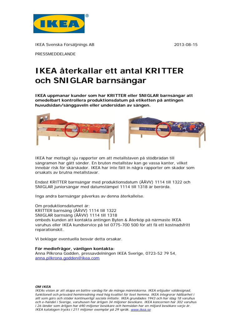 IKEA återkallar ett antal KRITTER och SNIGLAR barnsängar
