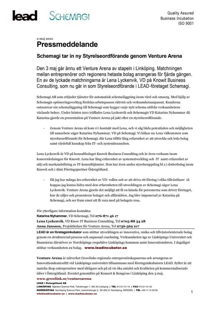 Schemagi tar in ny Styrelseordförande genom Venture Arena
