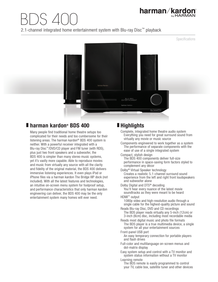Specification sheet - harman kardon BDS 400 (English)