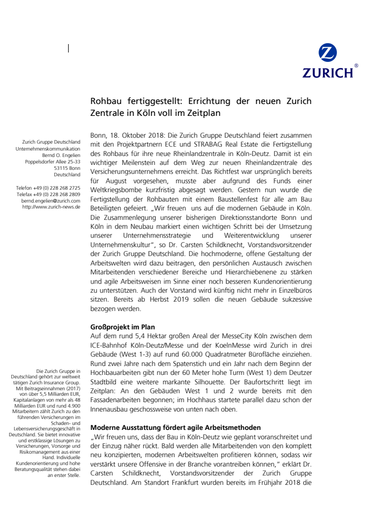 Rohbau fertiggestellt: Errichtung der neuen Zurich Zentrale in Köln voll im Zeitplan