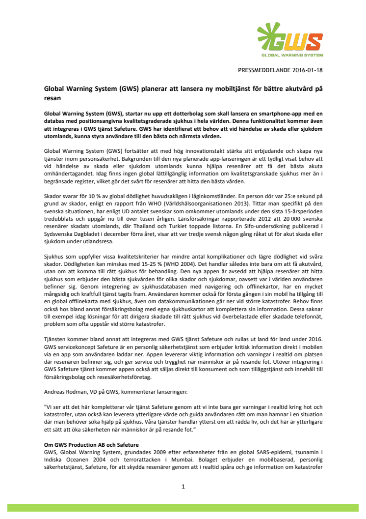 Global Warning System (GWS) planerar att lansera ny mobiltjänst för bättre akutvård på resan