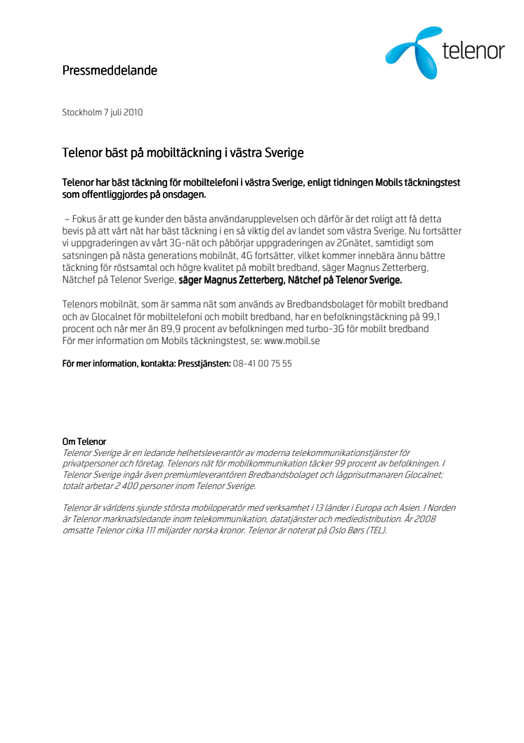 Telenor bäst på mobiltäckning i västra Sverige