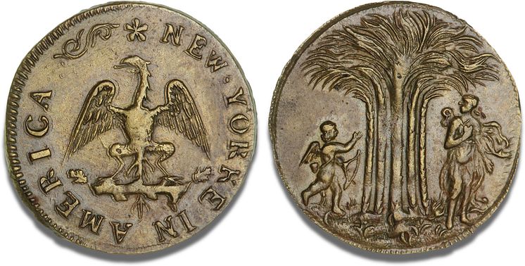 Amerikansk messingmønt, New York(e), ca. 1668 - 1673.