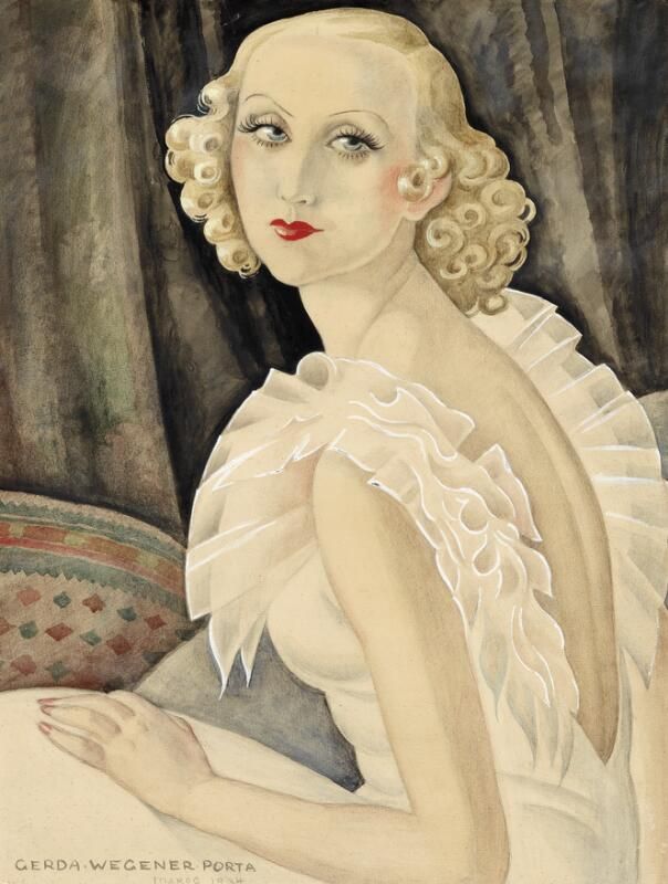 Gerda Wegener- Portræt af kvinde i hvid kjole, 1934. Signeret. Akvarel og gouache på papir. Lysmål 63 x 48 cm. Vurdering- 100.000-125.000 kr.