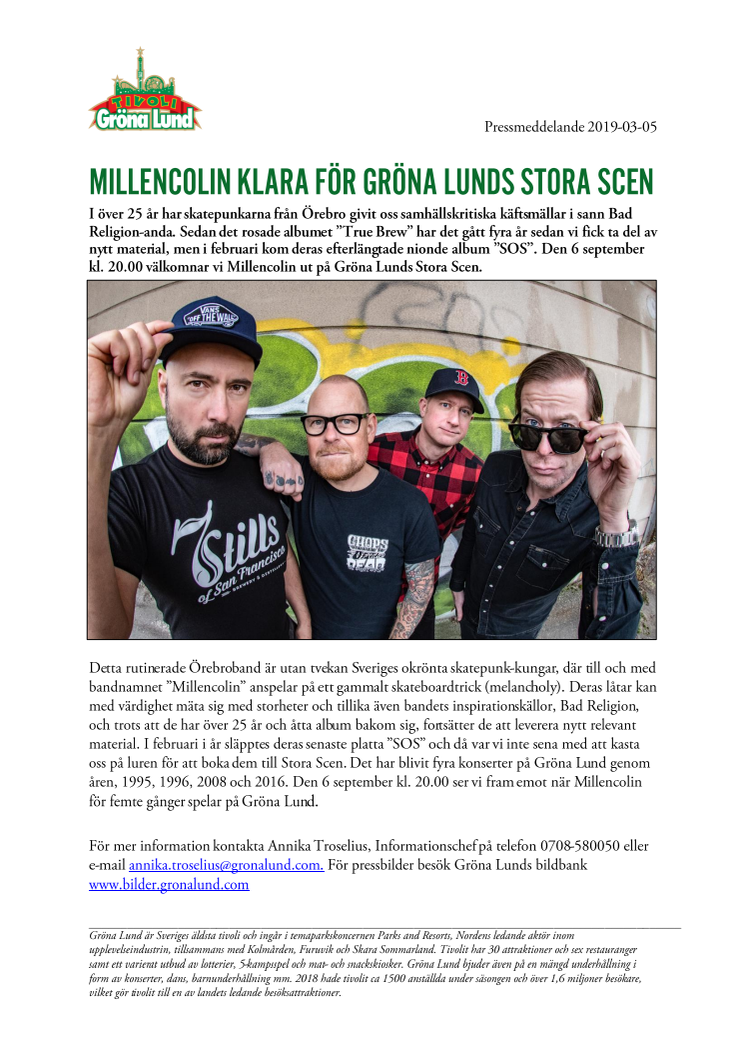 Millencolin klara för Gröna Lunds Stora Scen