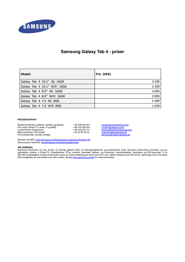 Galaxy Tab 4 - danske priser