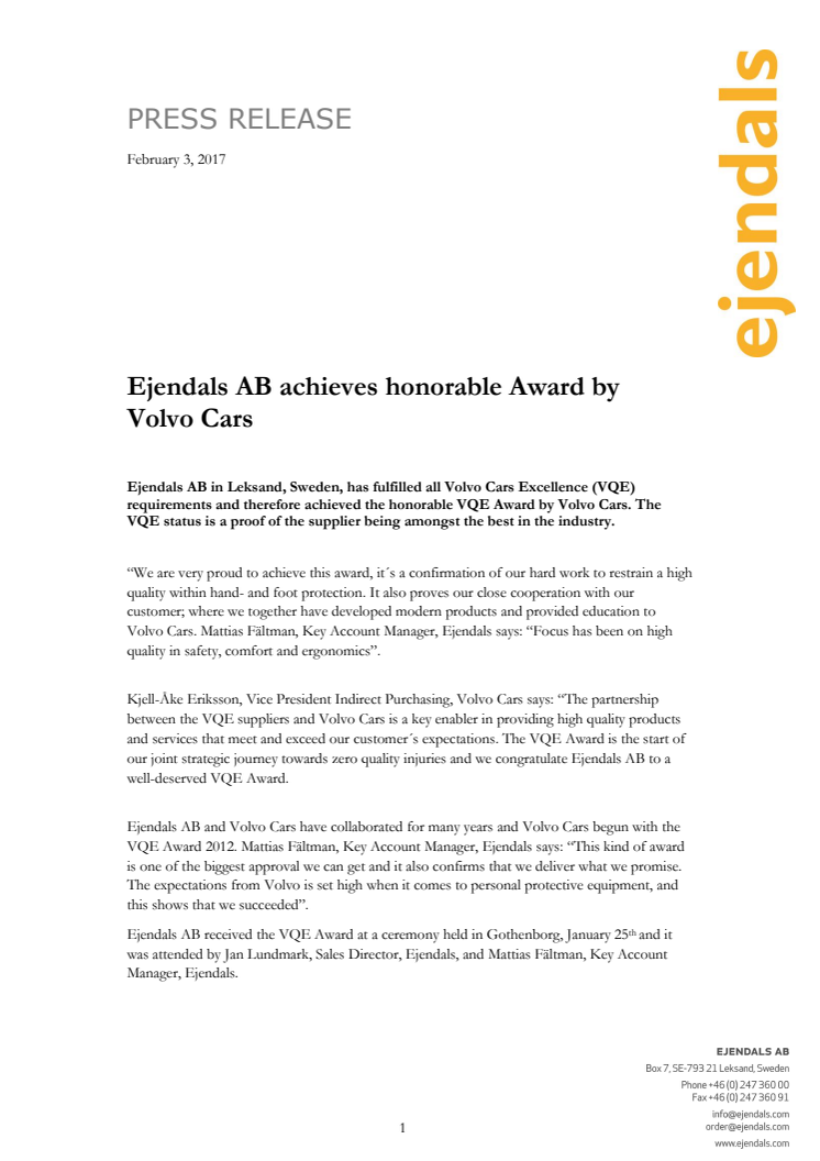 Ejendals AB achieves honorable Award by Volvo Cars