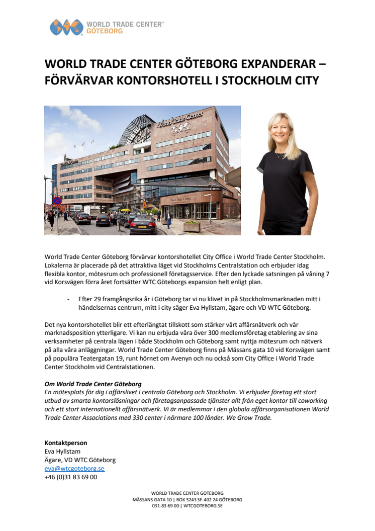 World Trade Center Göteborg expanderar – förvärvar kontorshotell i Stockholm city