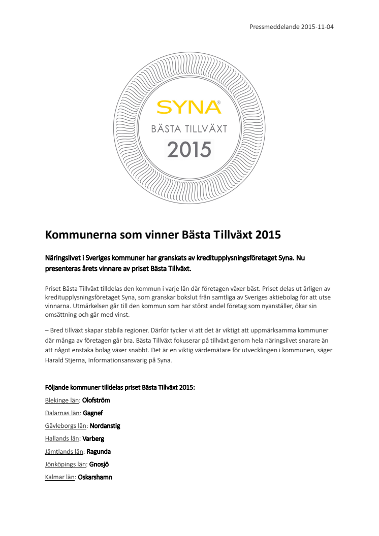 Kommunerna som vinner Bästa Tillväxt 2015