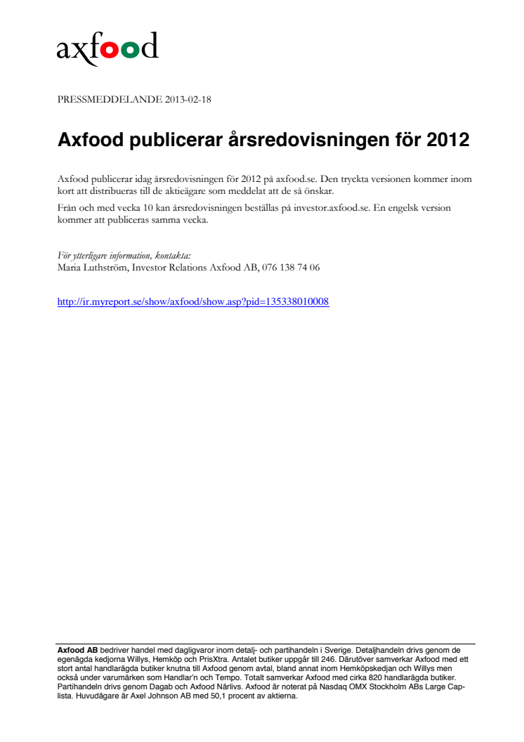 Axfood publicerar årsredovisningen för 2012 