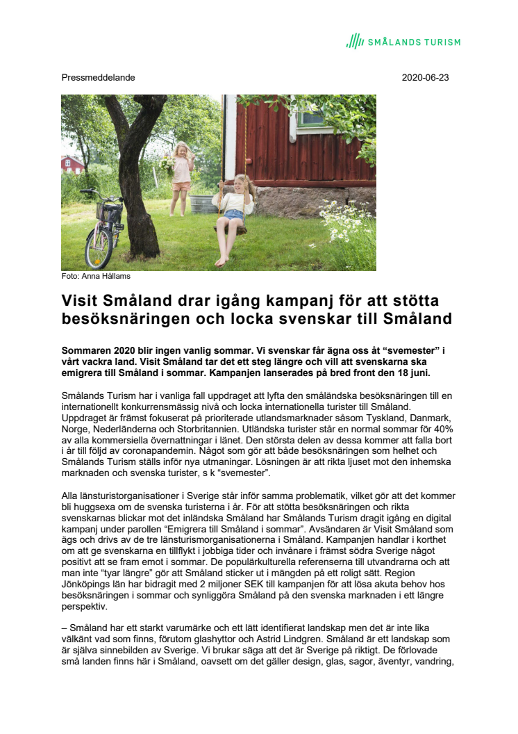 Visit Småland drar igång kampanj för att stötta besöksnäringen och locka svenskar till Småland