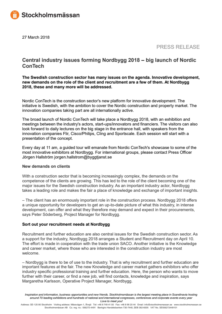 Central industry issues forming Nordbygg 2018 – big launch of Nordic ConTech