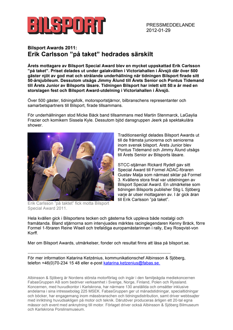 Bilsport Awards 2011: Erik Carlsson "på taket" hedrades särskilt