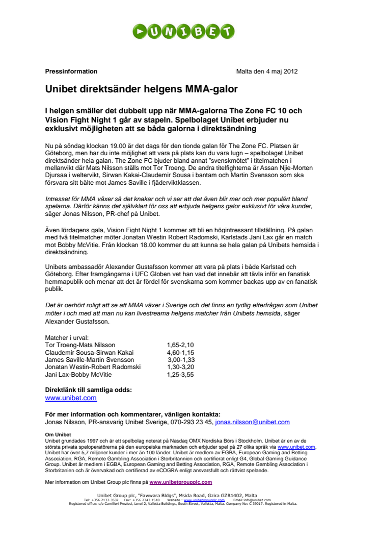 Unibet direktsänder helgens MMA-galor