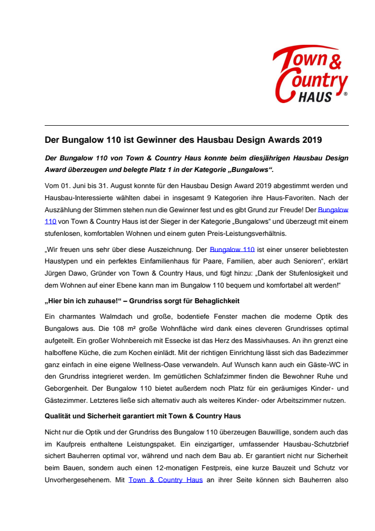 Der Bungalow 110 ist Gewinner des Hausbau Design Awards 2019