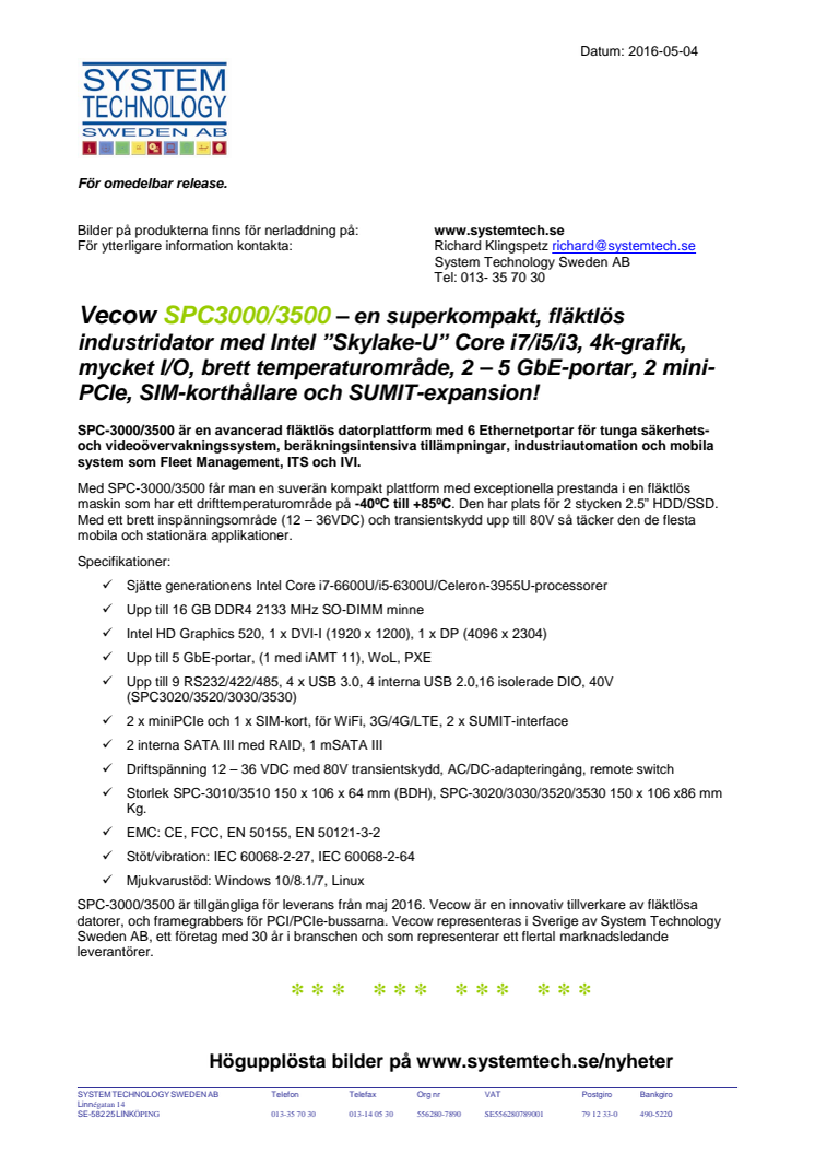 Vecow SPC-3000/3500 - Superkompakt, fläktlös industridator med Intel ”Skylake-U” Core i7/i5/i3