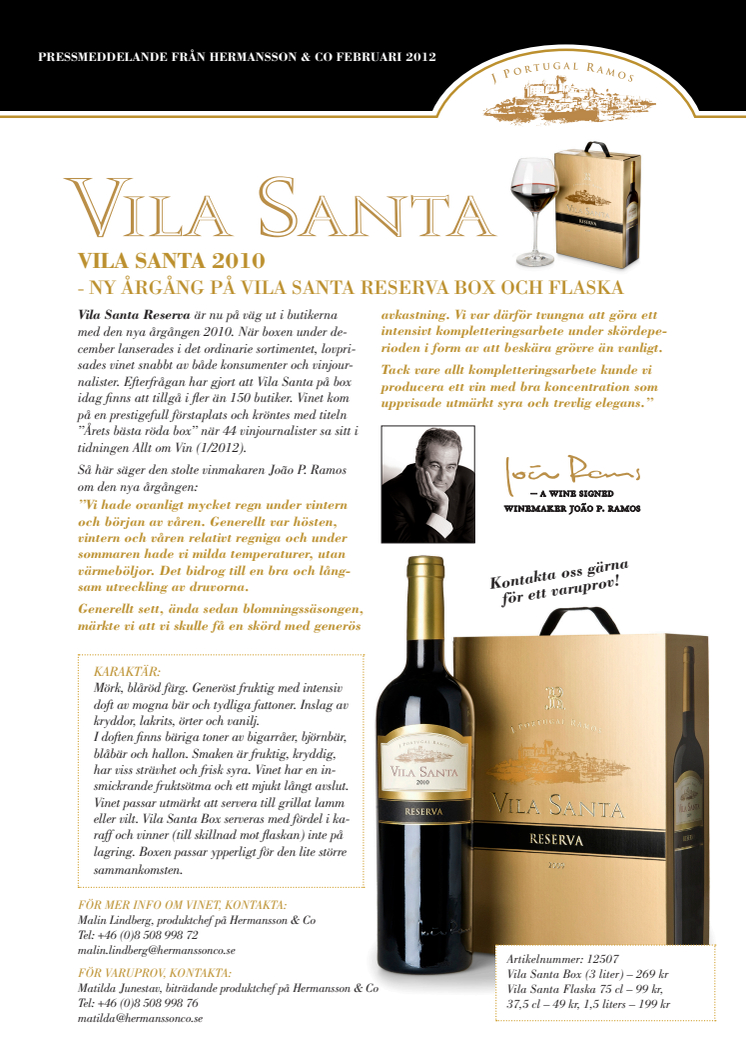Ny årgång på Vila Santa Reserva box och flaska!