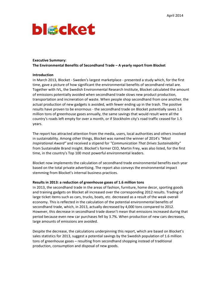 Executive Summary:  The Environmental Benefits of Secondhand Trade – A yearly report from Blocket 